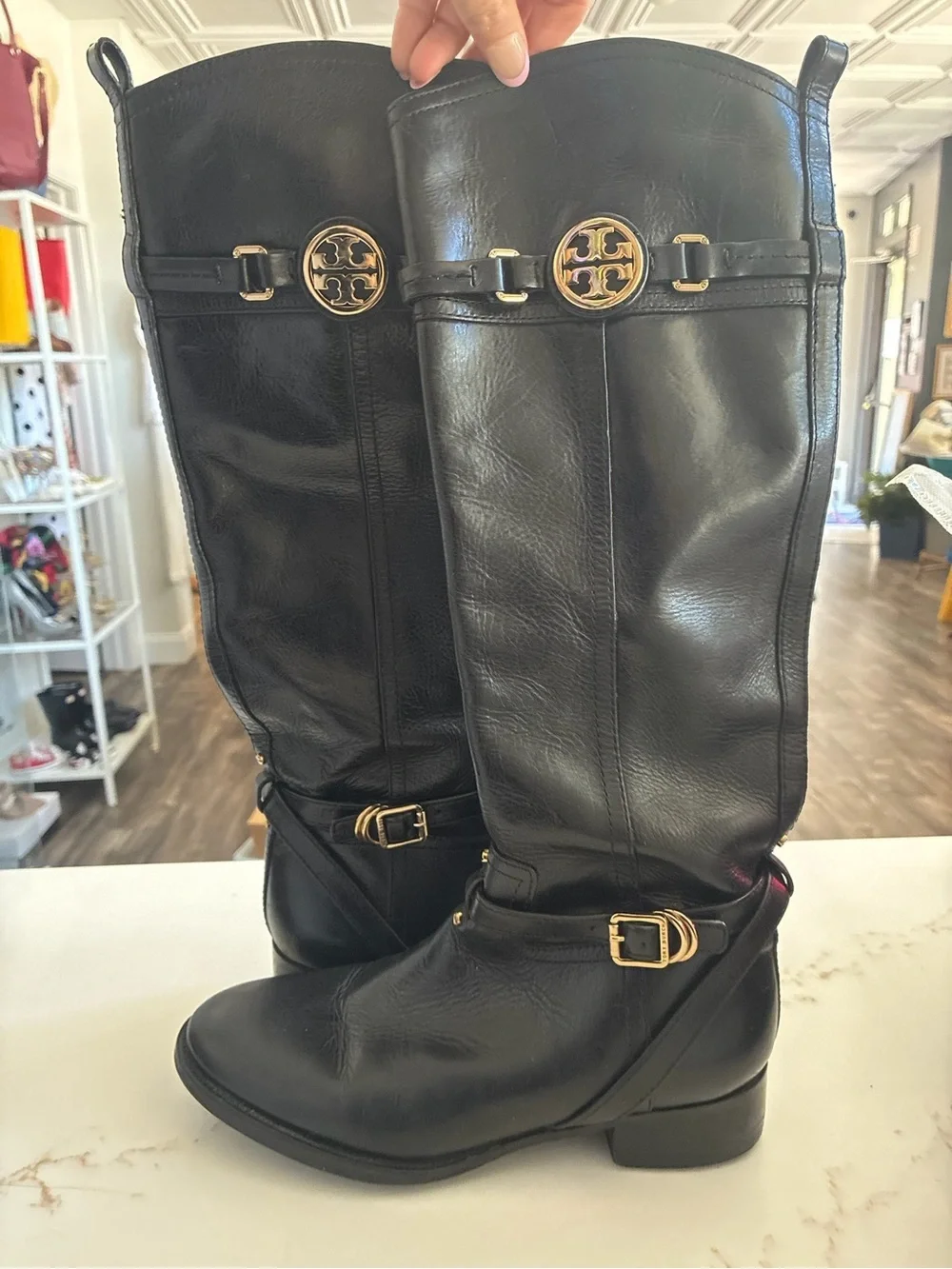 Tory Burch Black Leather Knee-High riding Boots with Gold Logo Accents